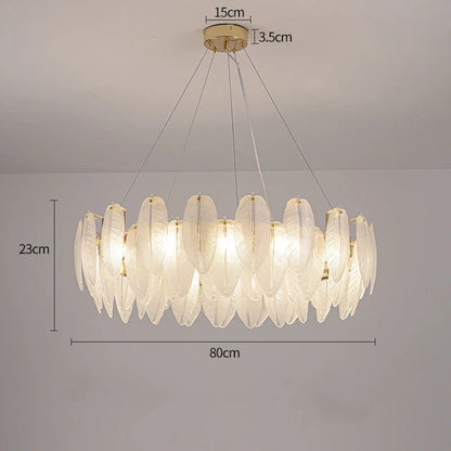 Feather glass chandelier lit in cold white 6000K LED light