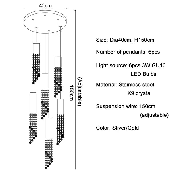 Twelve light crystal chandelier with individually adjustable wires