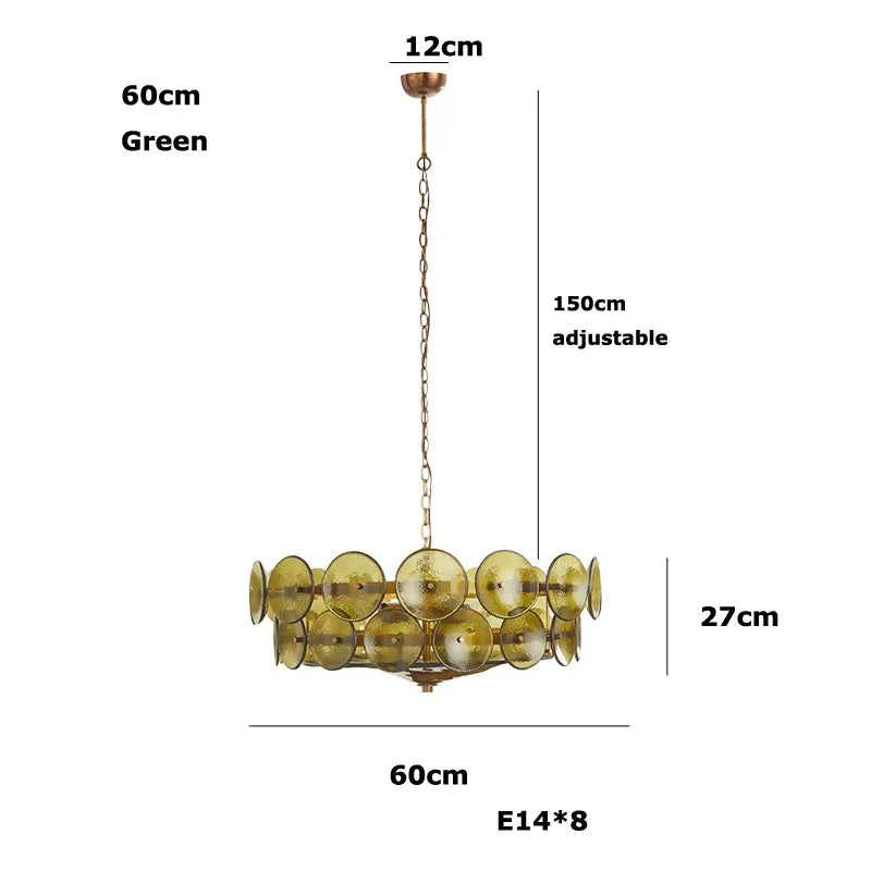 Heavy iron chandelier frame hung with coloured stained glass shades