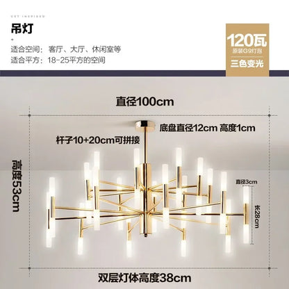 Assembled blooming metal chandelier with radiating gold plated arms