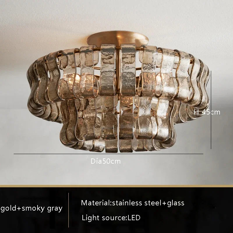 Dimmable steel and glass chandelier with a polished black finish