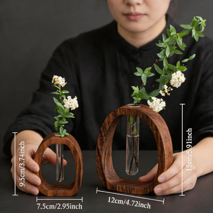 Walnut wood glass terrarium hydroponic vase set with wood base