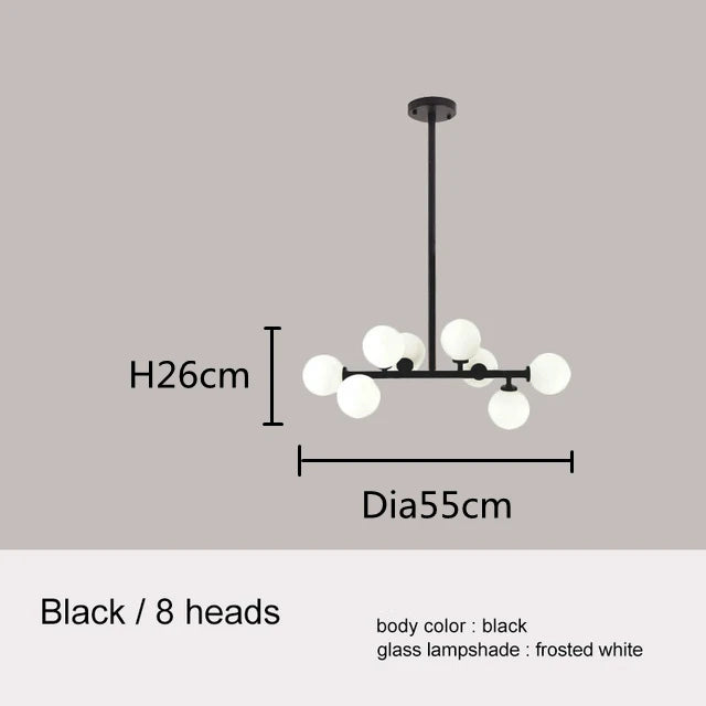 Eight head black body glass ball chandelier, non dimmable fitting