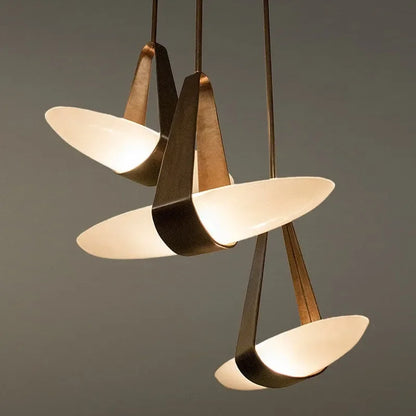 Three lamp leather chandelier in Nordic style with slim plated metal arms