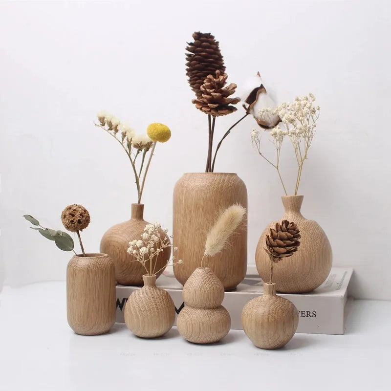 Style B wooden flower vase on a minimalist shelf with single dried cotton stem