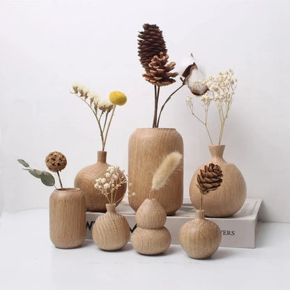 Style B wooden flower vase on a minimalist shelf with single dried cotton stem