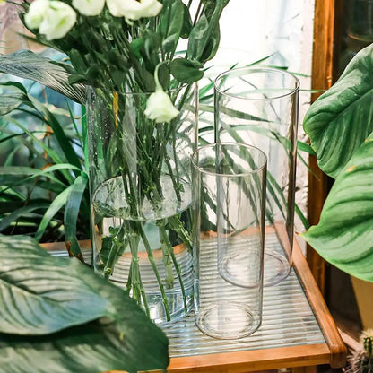 Five sizes of clear plastic cylinder vases lined up showing full range