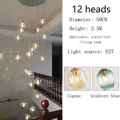 Spiral globe chandelier lit in warm white with E27 LED bulbs