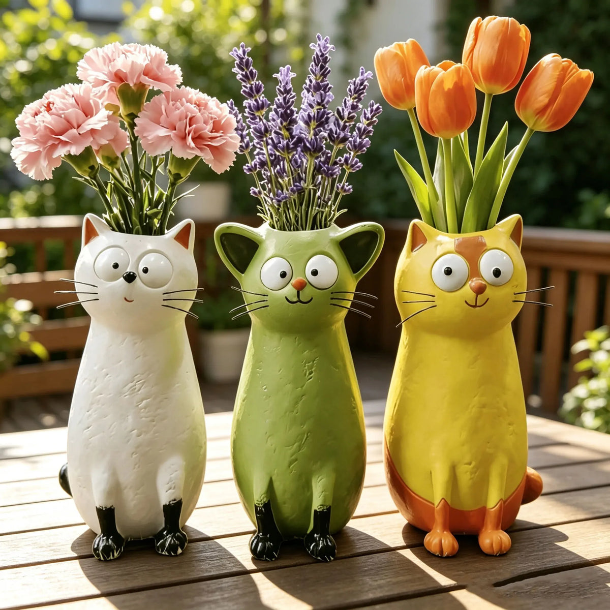 White resin kitten novelty vase with elongated neck displayed on wooden desk beside small plant