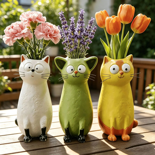 White resin kitten novelty vase with elongated neck displayed on wooden desk beside small plant