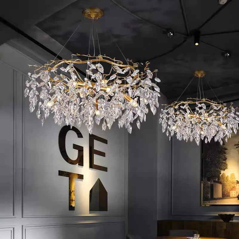 Luxury gold crystal chandelier on a painted wrought iron frame