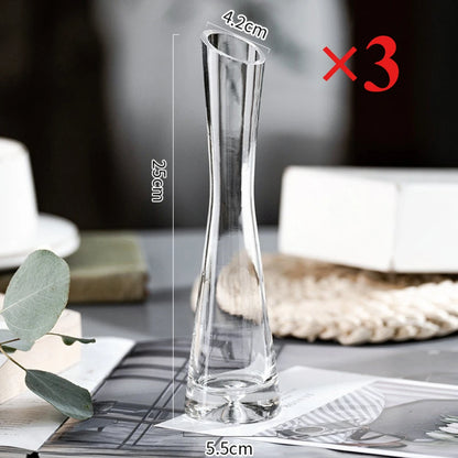 Close detail of transparent glass body and angled opening of style B vase