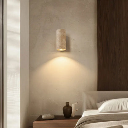 travertine stone outdoor wall sconce, close-up of shade and hardware detail