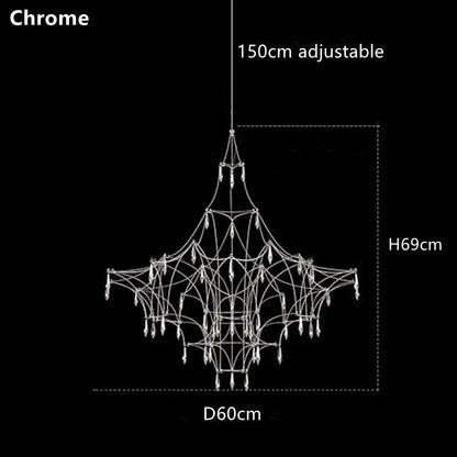 Deco style crystal chandelier with gold iron frame over a dining table