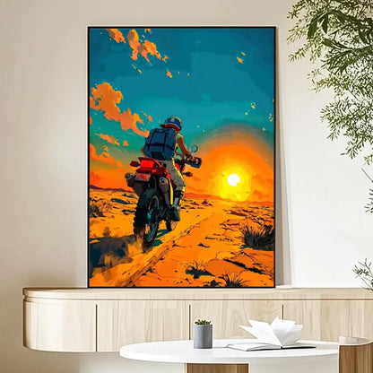 Motorcycle Rider Sunset Canvas Wall Art Print