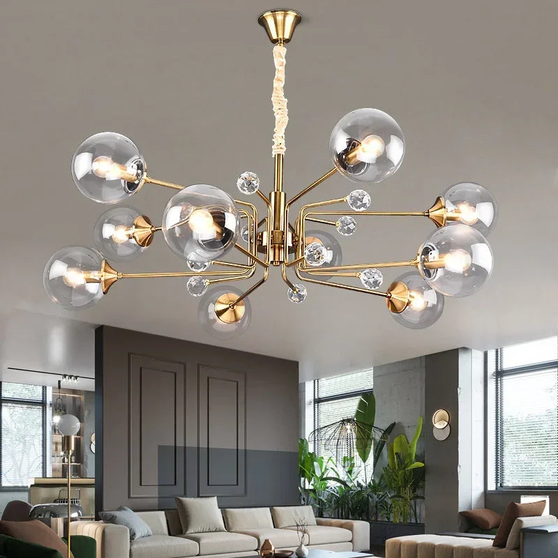 Six globe glass bubble chandelier in polished chrome with gray glass shades