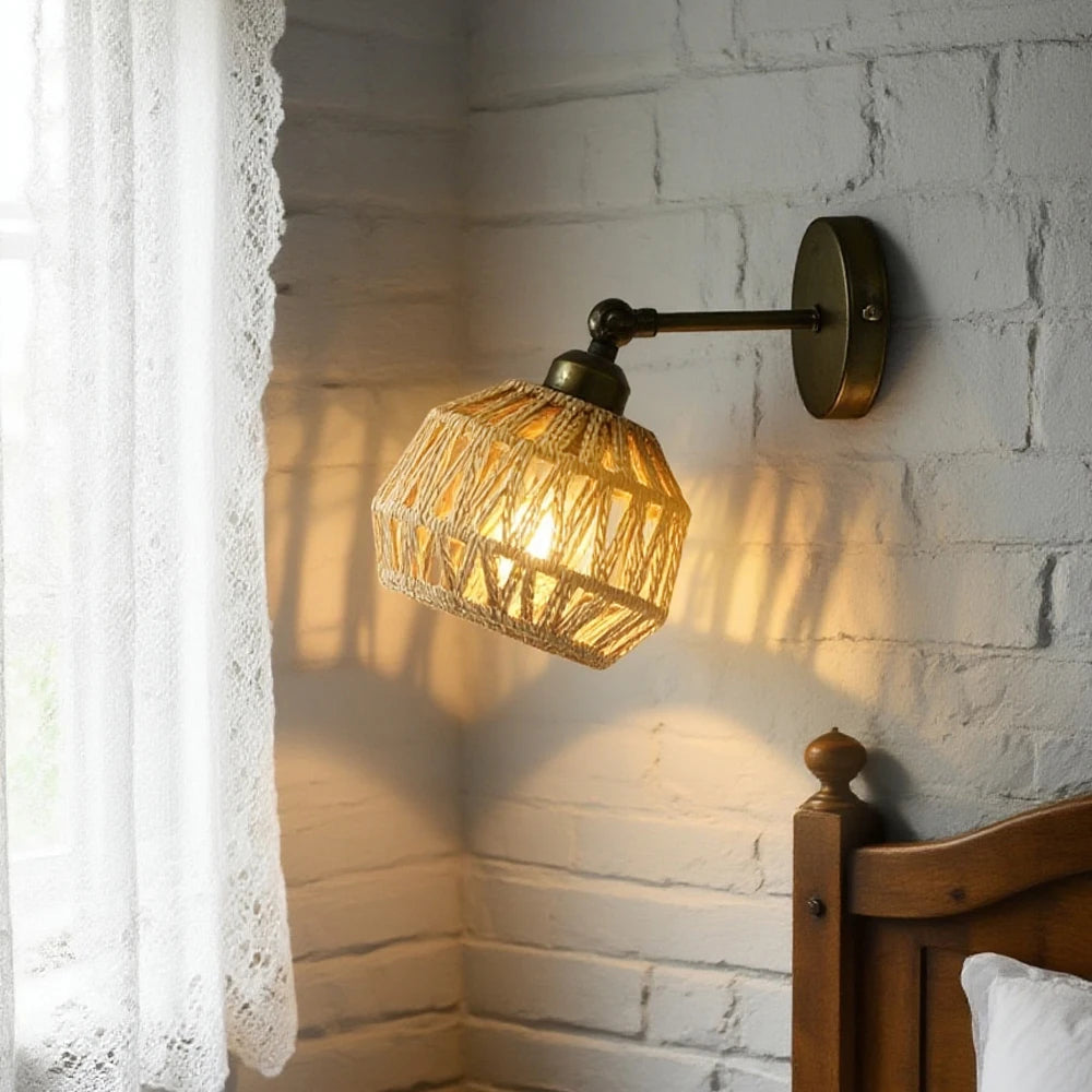 rattan wall sconce, side profile showing mounting depth