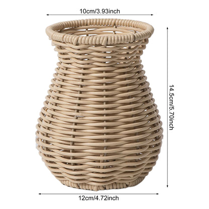 Side profile of handwoven woven rattan-effect vase showing natural textured silhouette