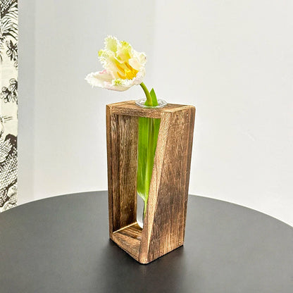 Style 62 wooden retro hydroponic vase with fresh plant cutting on shelf
