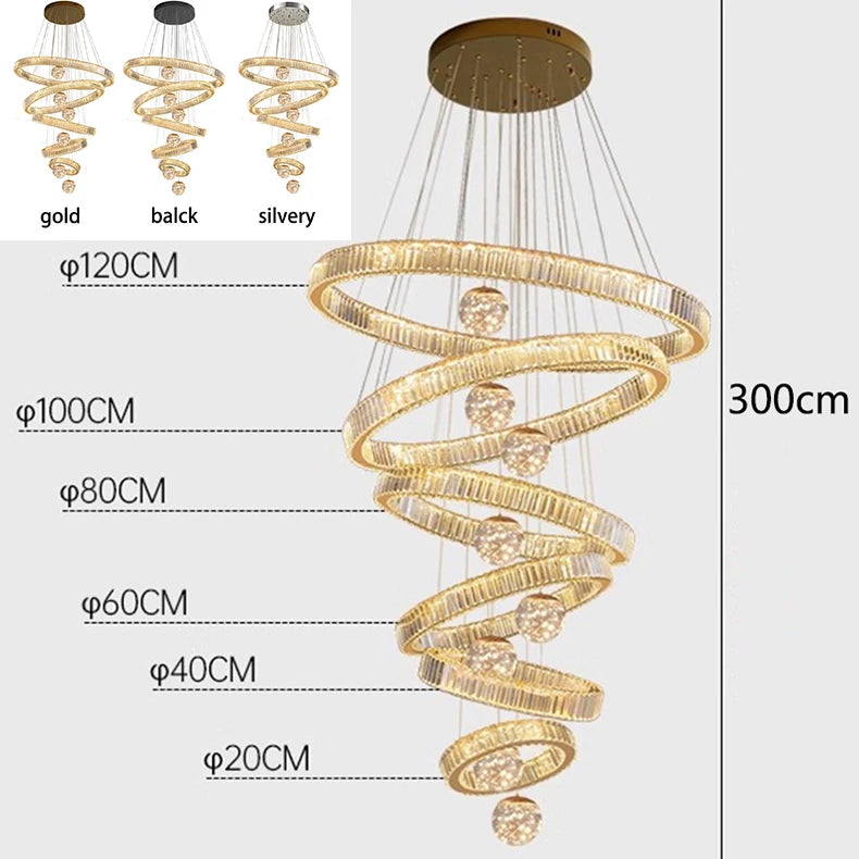 Cold white light across the nested crystal rings of a chandelier