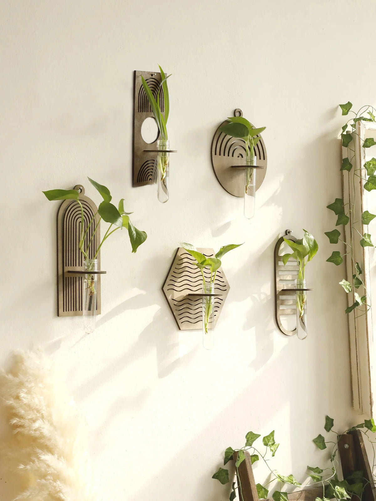 Boho wood wall vase tube plant holder for living room