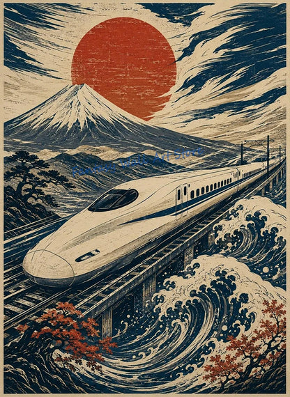 Vintage Japanese Railway Landscape Canvas Wall Art