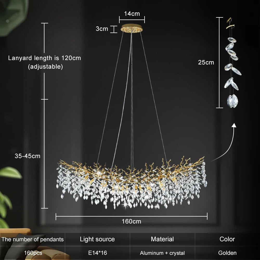 Crystal branch chandelier, 39.4 inch round, in a polished silver finish