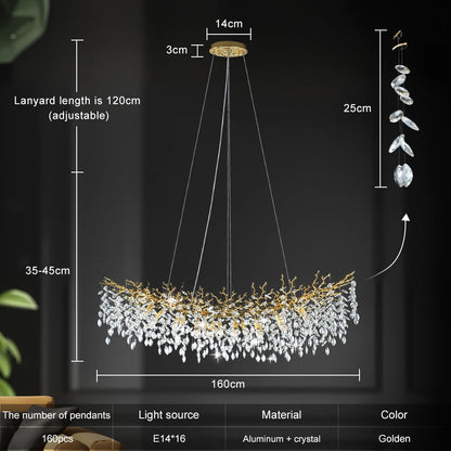 Crystal branch chandelier, 39.4 inch round, in a polished silver finish