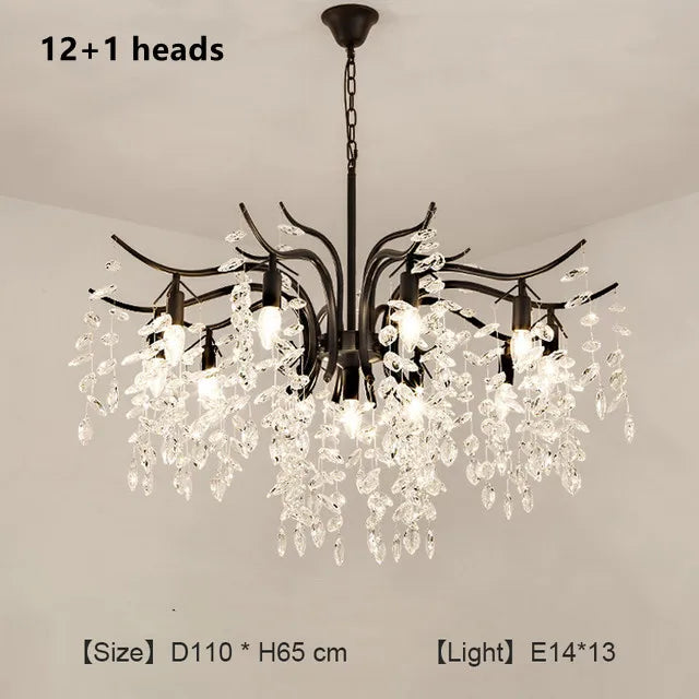 Retro crystal branch chandelier with E14 sockets on iron arms