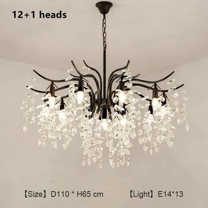 Retro crystal branch chandelier with E14 sockets on iron arms