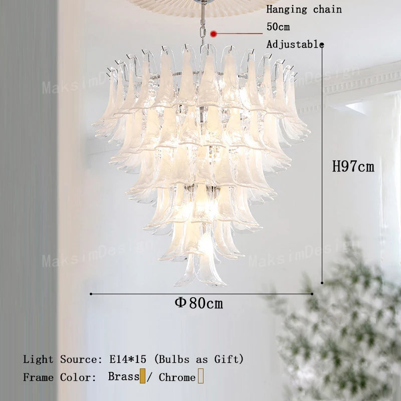 Five tier cloudy glass chandelier at 31.5 in across, assembly required