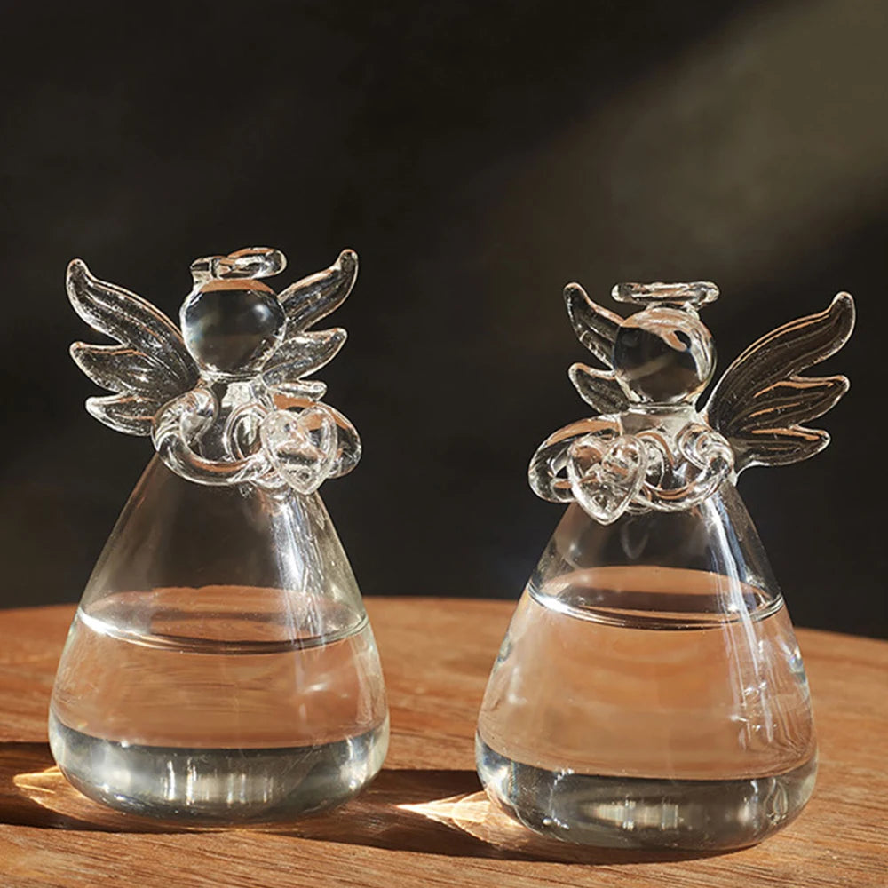 Two angel hanging glass vases in small and large sizes shown side by side