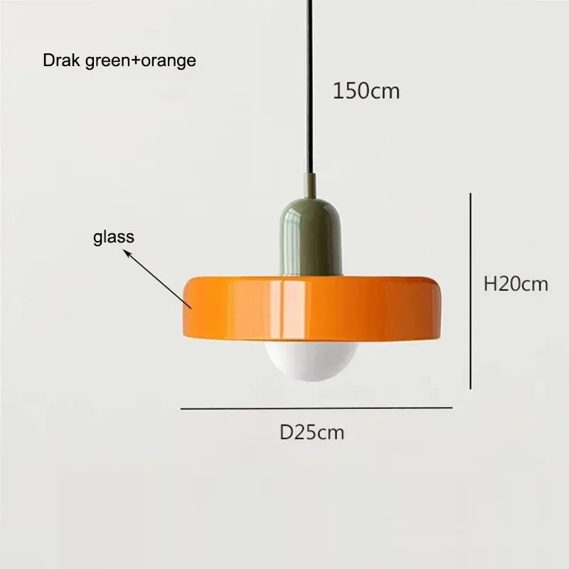 Retro glass chandelier shown lit, warm light filling the shade