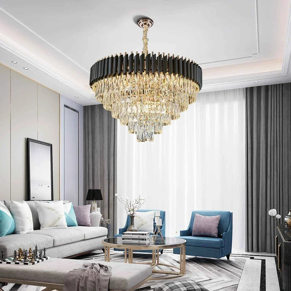 Flush mount crystal chandelier shown in warm white 3000K light