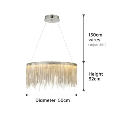 Aluminum chain chandelier, 23.6 inch round, in silver on an iron frame