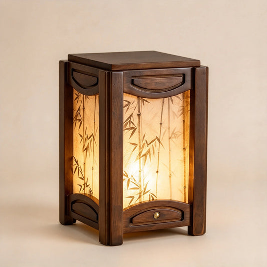 Chinese retro walnut wood table lamp on bedroom nightstand