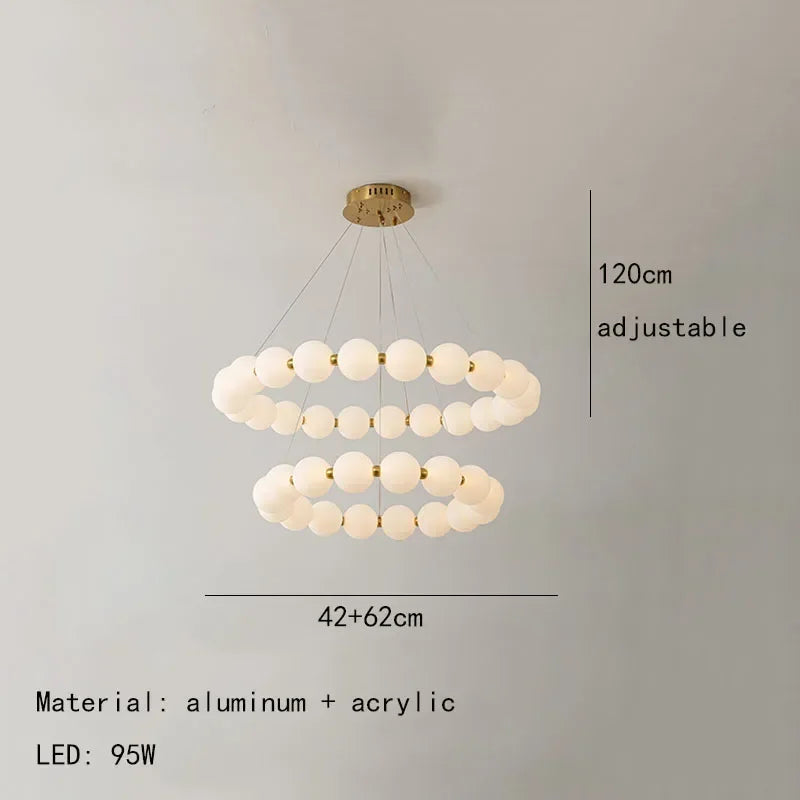 White beaded chandelier shown in neutral 4000K light, E27 bulbs included