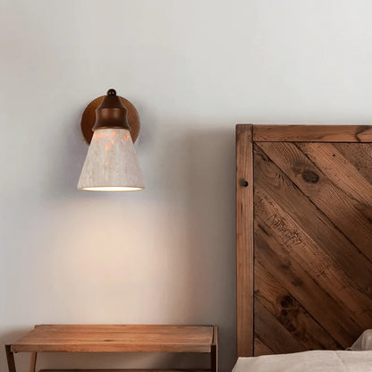 travertine stone wall sconce, close-up of shade and hardware detail
