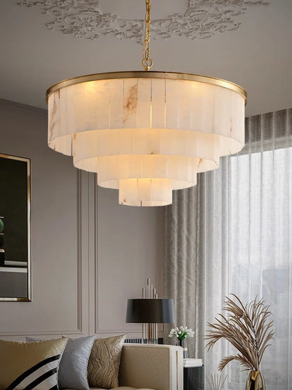 Veined natural marble set on the chandelier gold polished steel arms