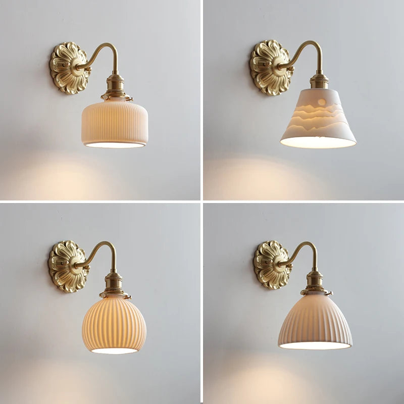copper bathroom wall sconce, detail view of fixture base and arm