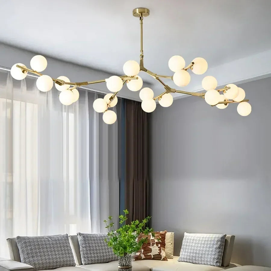 Glass ball branch chandelier with frosted spheres on iron arms