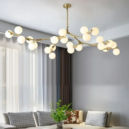 Glass ball branch chandelier with frosted spheres on iron arms