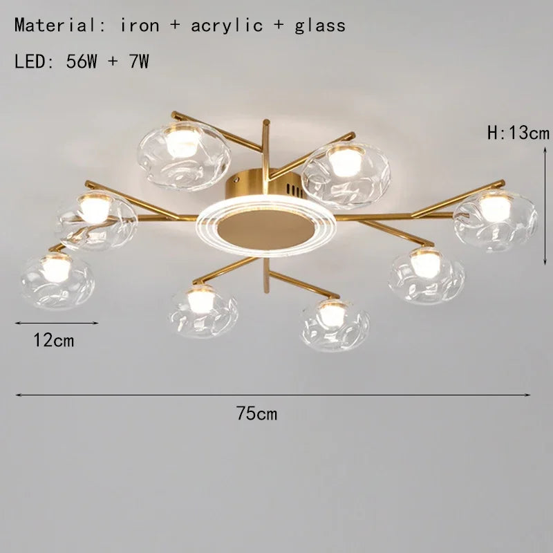 Minimalist glass globe chandelier with included LED bulbs and gold arms