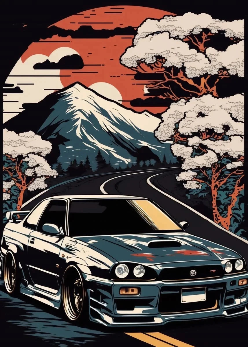 Retro GTR Japanese Landscape Car Canvas Wall Art