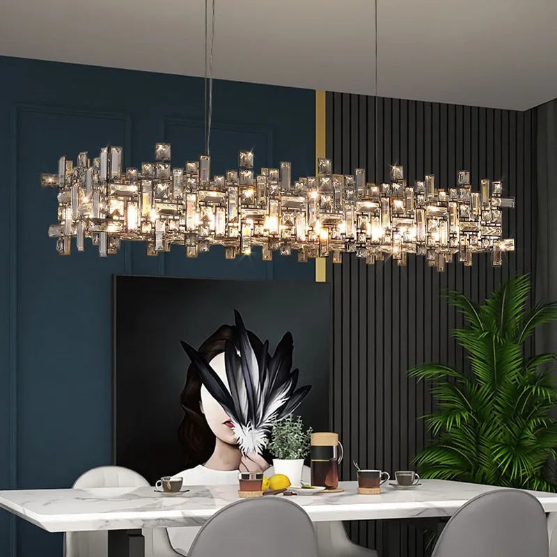 Rectangular crystal island chandelier on a polished stainless steel frame