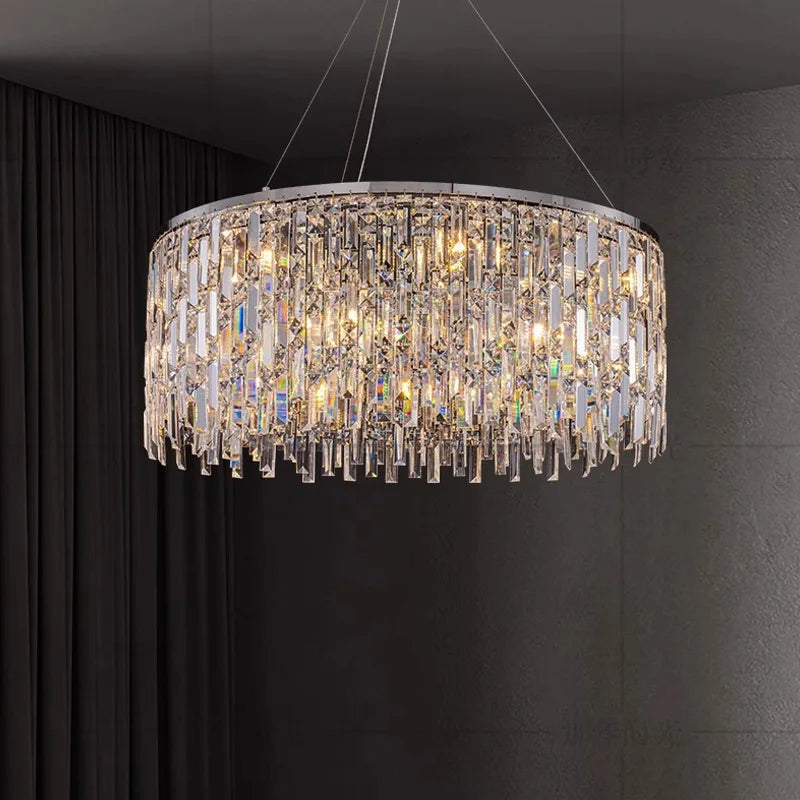 Polished steel crystal chandelier with dense crystal in a shallow chrome rim