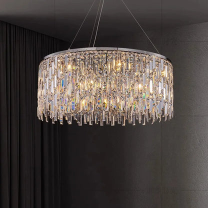 Polished steel crystal chandelier with dense crystal in a shallow chrome rim