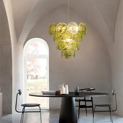 Green Murano style glass chandelier on a gold finished steel frame