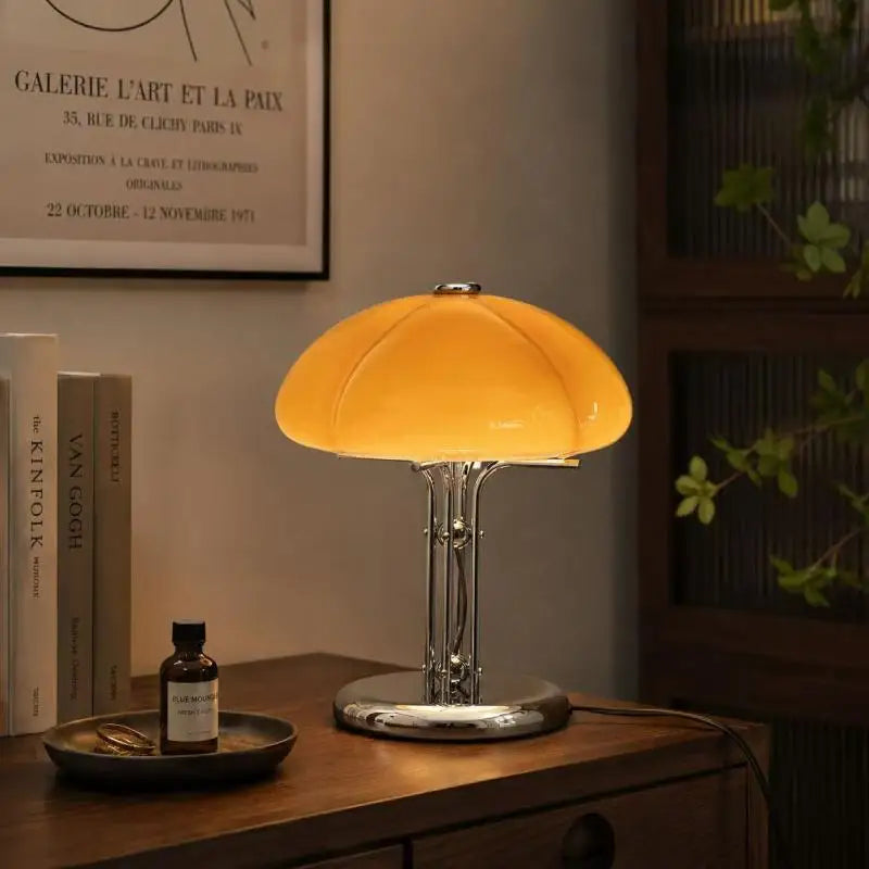 Bauhaus table lamp orange glass shade chrome base side profile view