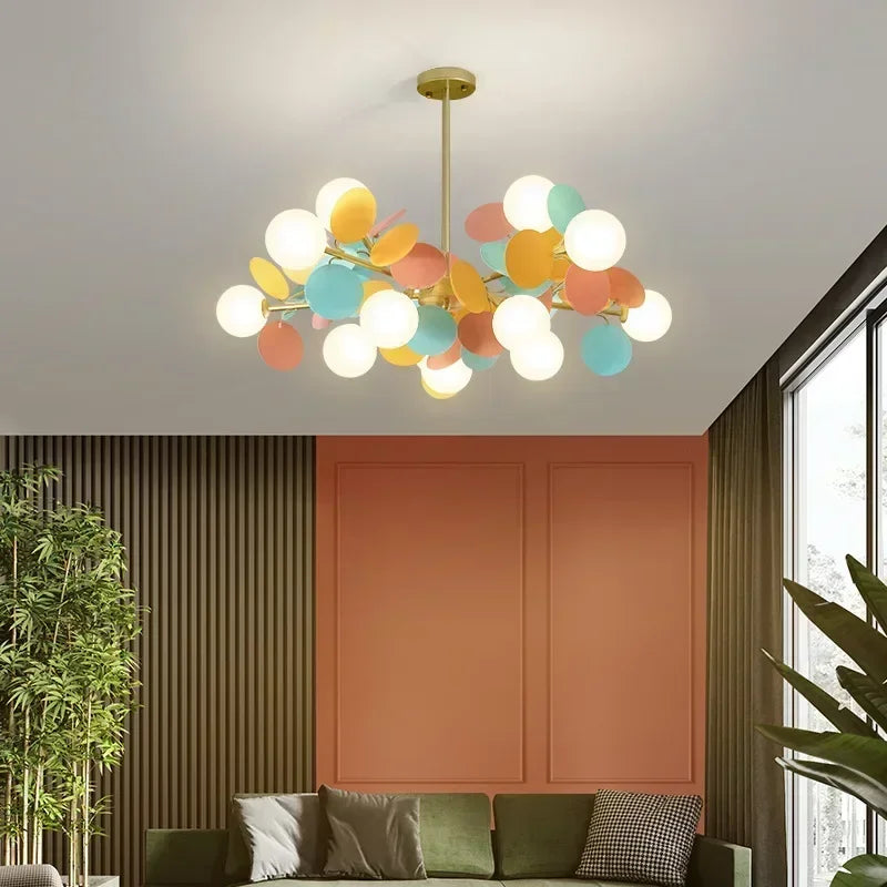Eight globe flower branch chandelier with painted metal branches